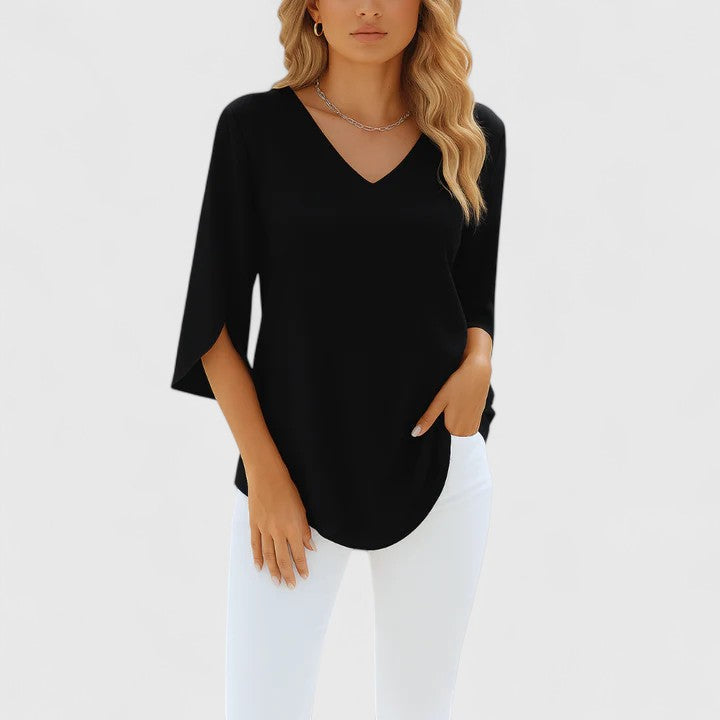 White Floral Applique Mock Neck Short Sleeve Blouse