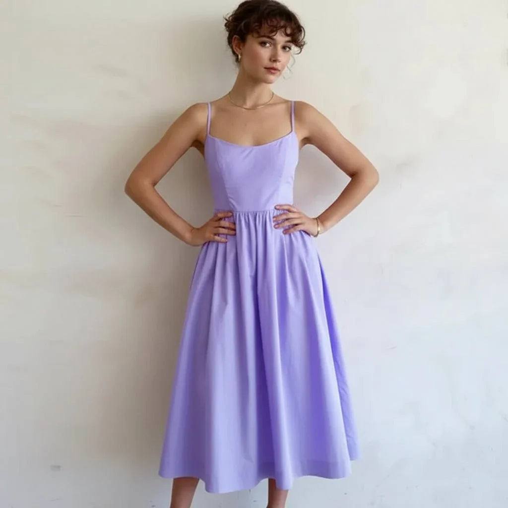 Spaghetti Strap A-Line Midi Dress Women Gathered Skirt