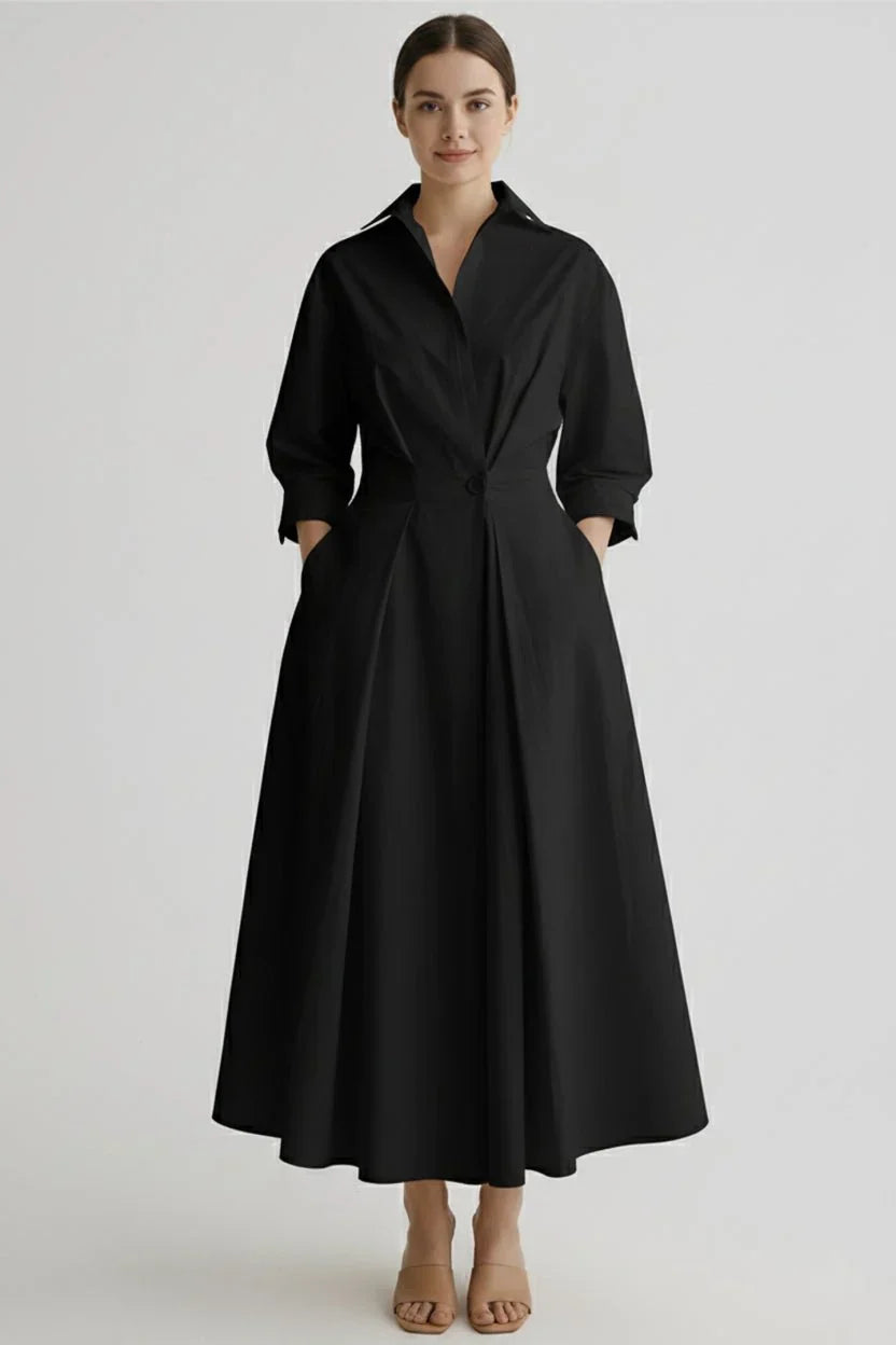 Wrap Collar Midi Dress Women Three-Quarter Sleeves Pleated Skirt