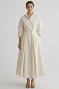 Wrap Collar Midi Dress Women Three-Quarter Sleeves Pleated Skirt
