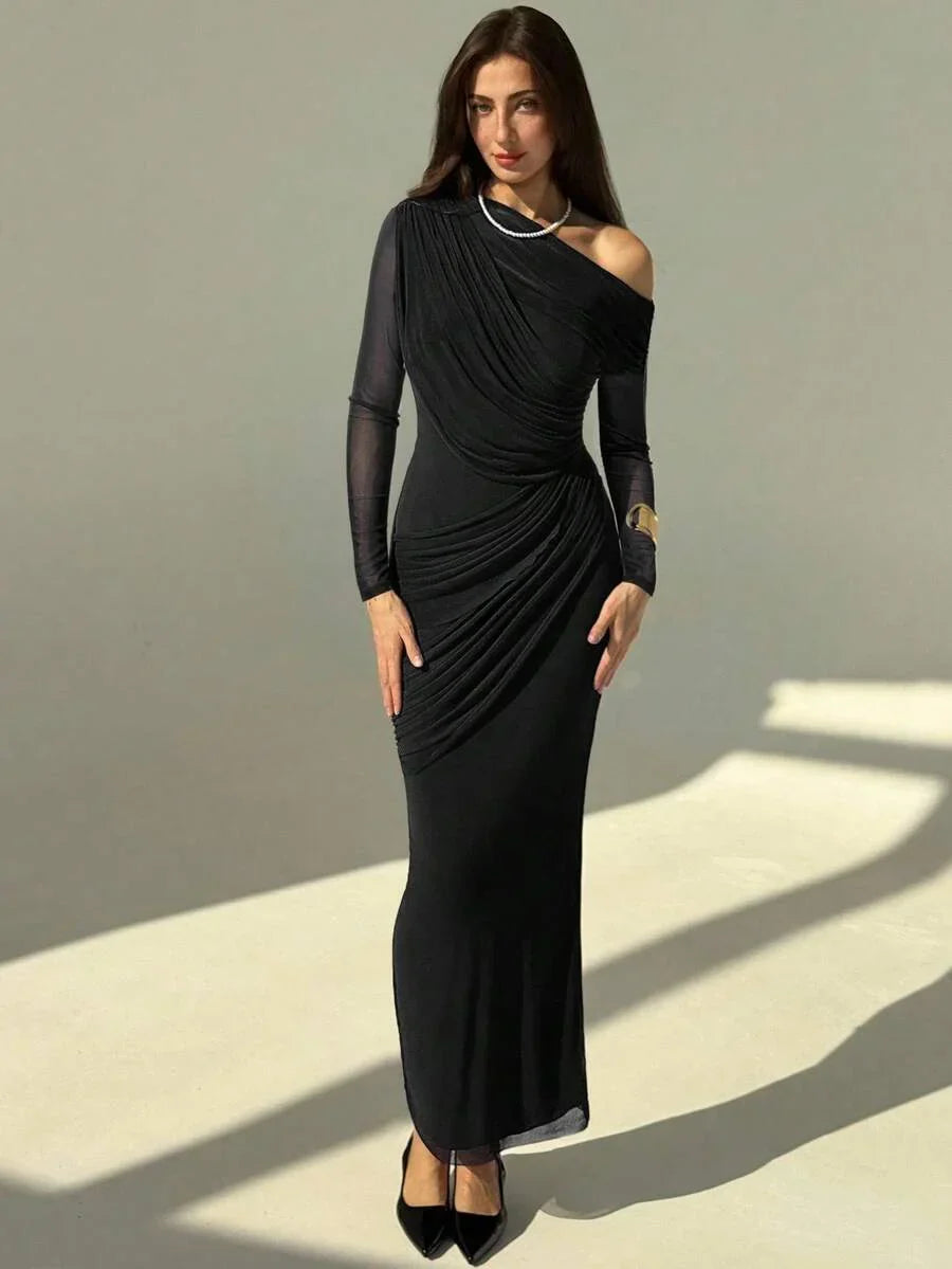 OLVRA - One Shoulder Ruched Mesh Bodycon Maxi Dress