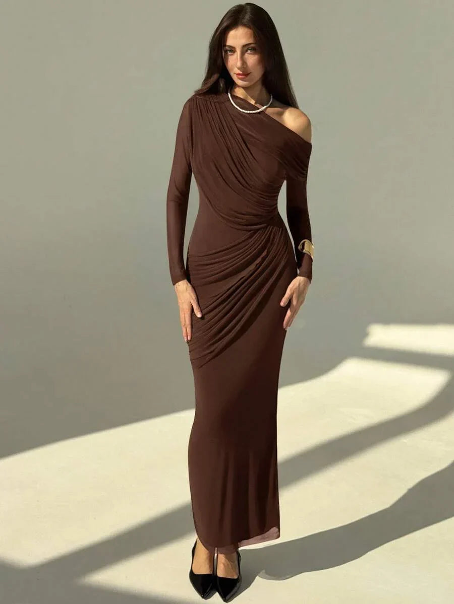 OLVRA - One Shoulder Ruched Mesh Bodycon Maxi Dress