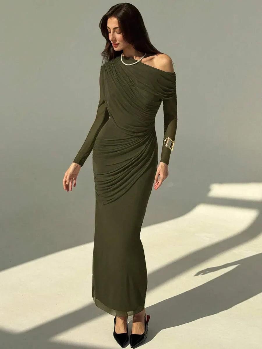OLVRA - One Shoulder Ruched Mesh Bodycon Maxi Dress