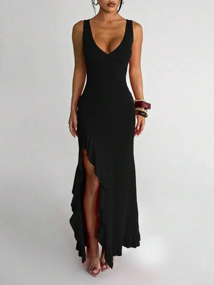 ROUGÉA – Asymmetrical V-Neck Backless Maxi Dress