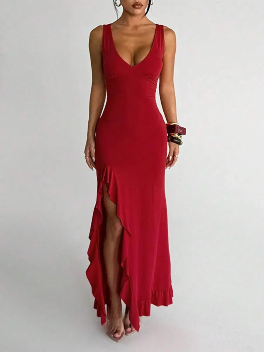 ROUGÉA – Asymmetrical V-Neck Backless Maxi Dress