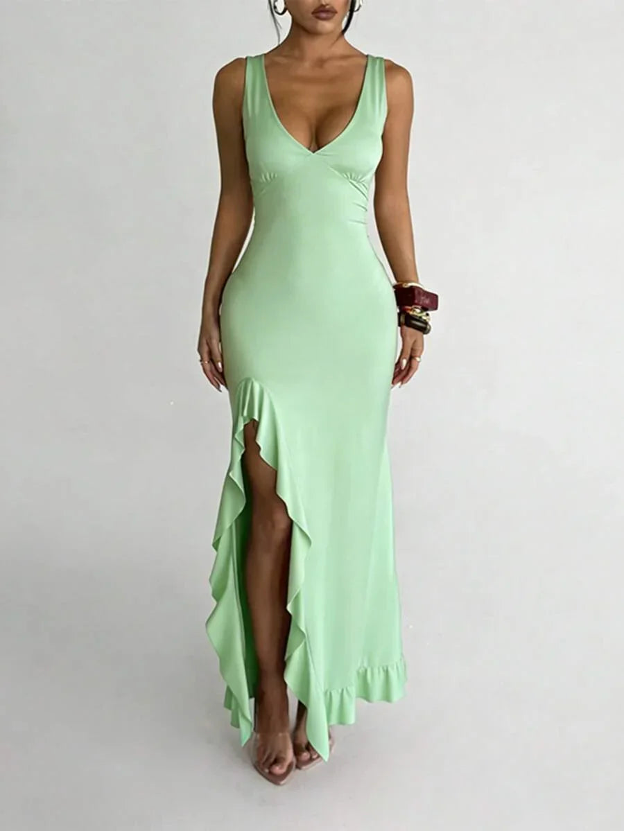 ROUGÉA – Asymmetrical V-Neck Backless Maxi Dress