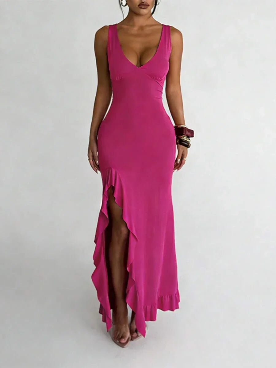 ROUGÉA – Asymmetrical V-Neck Backless Maxi Dress