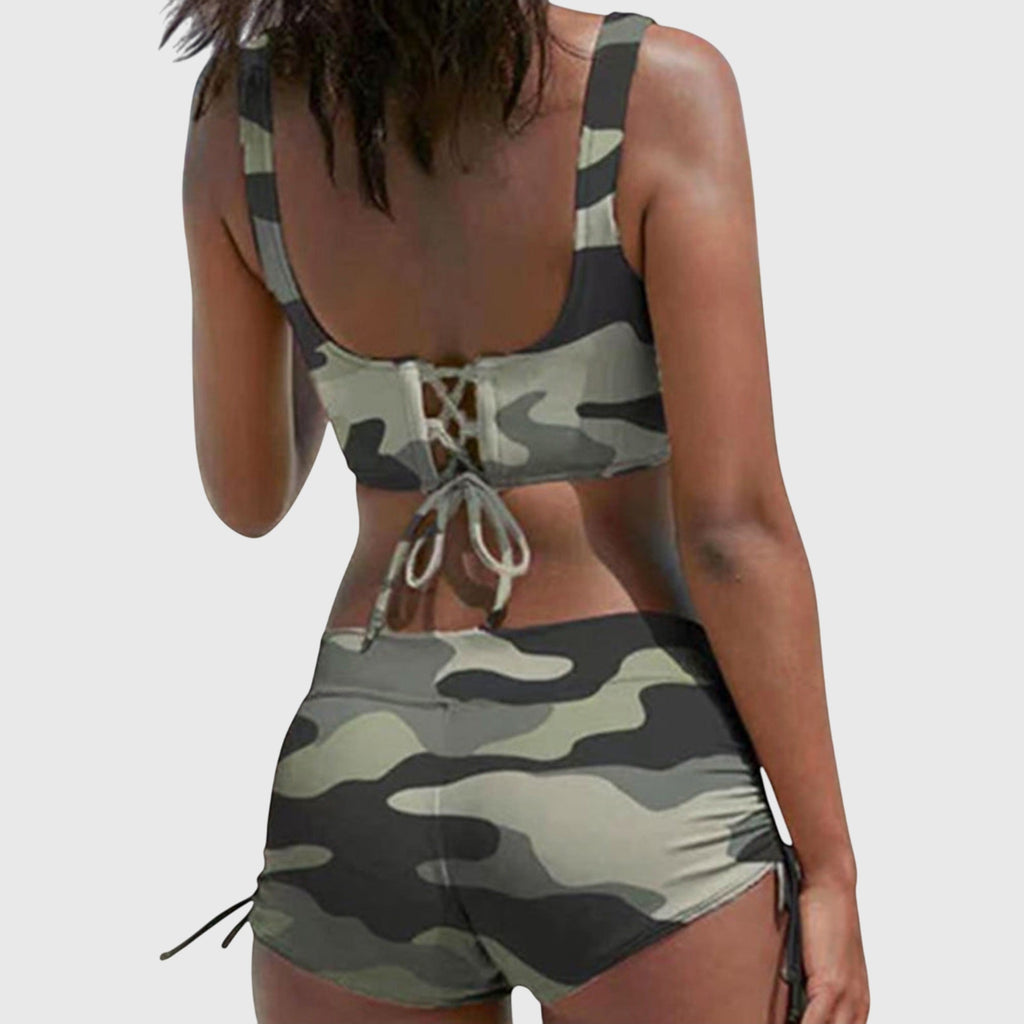 Green Camo Print Wrap Front Sporty Bikini Set