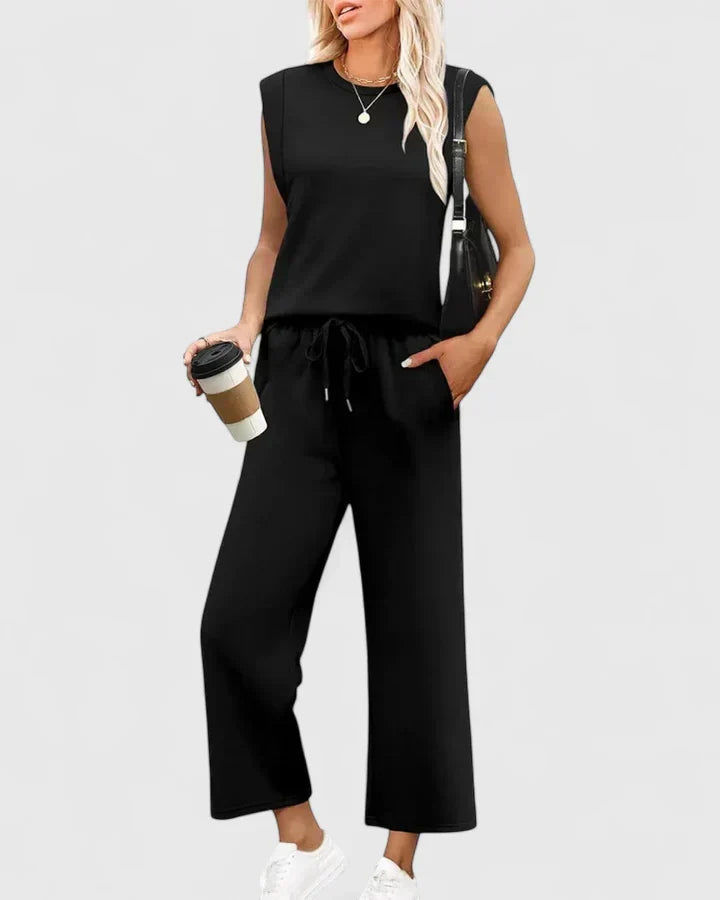 Dusty Blue Knit Tank & Drawstring Wide-Leg Pants Set