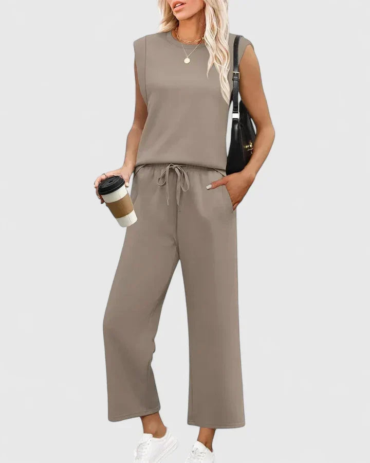 Dusty Blue Knit Tank & Drawstring Wide-Leg Pants Set