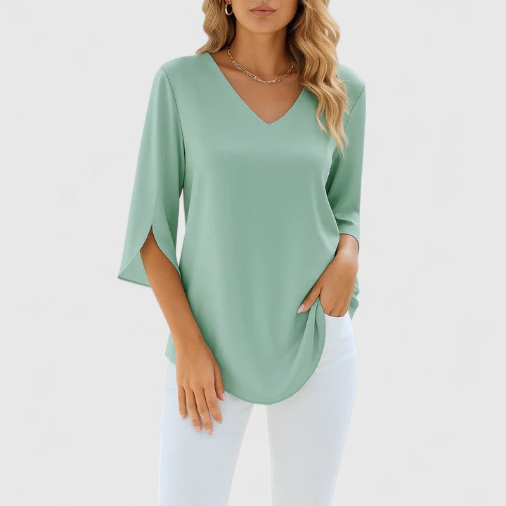 White Floral Applique Mock Neck Short Sleeve Blouse