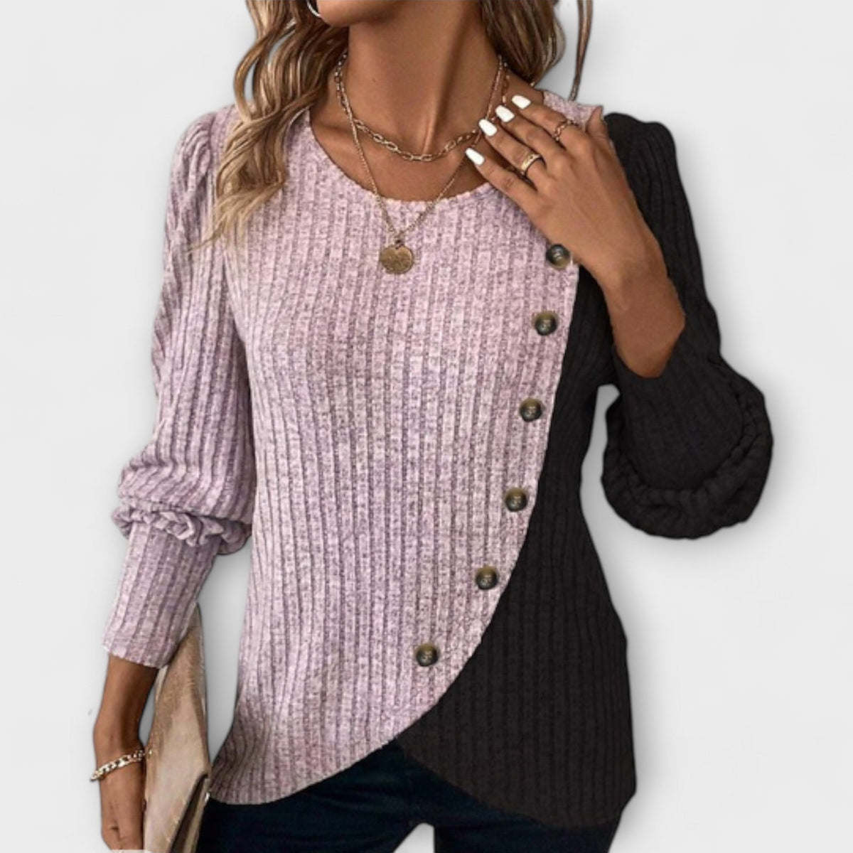 Color Block Ribbed Knit Top with Button Detail for Women