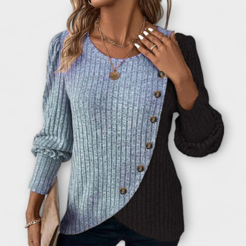 Color Block Ribbed Knit Top with Button Detail for Women