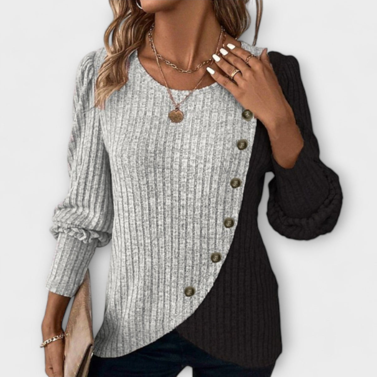 Color Block Ribbed Knit Top with Button Detail for Women