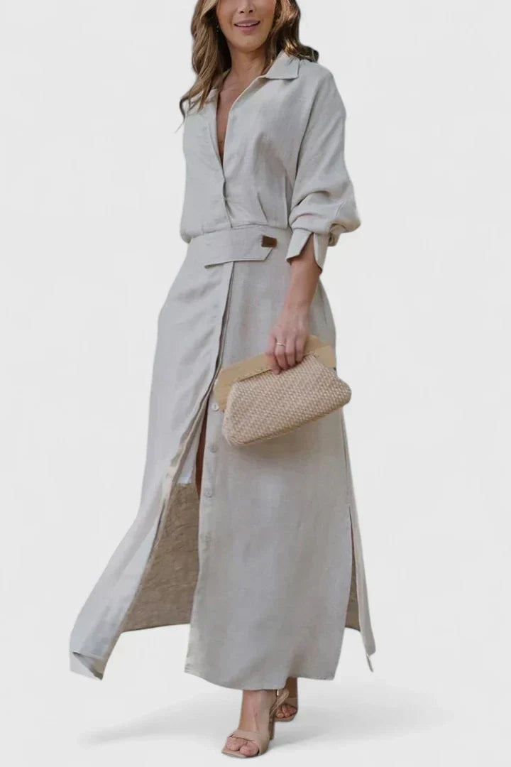 Dusty Rose Belted Shirt Collar Linen Maxi Dress