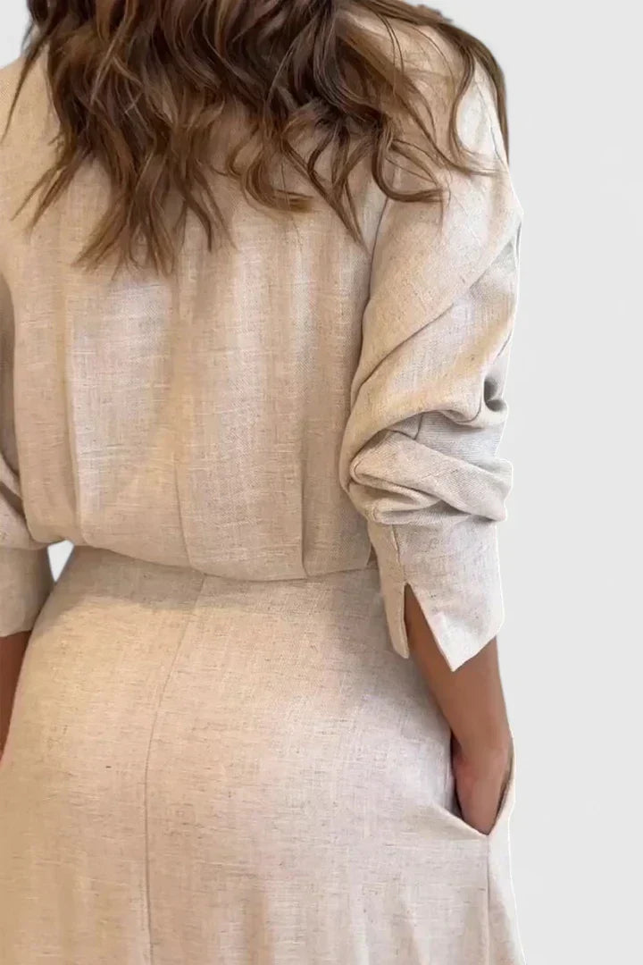 Dusty Rose Belted Shirt Collar Linen Maxi Dress