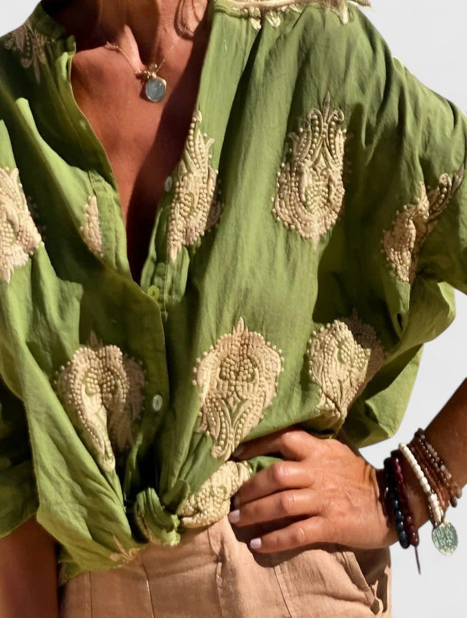 Sage Green Botanical Print Button-Down Blouse for Women
